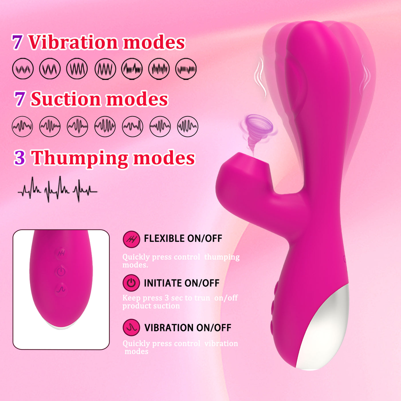 Triple Pleasure Suction Vibrator-Pink